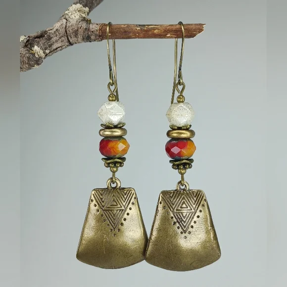 HAND CRAFTED Beaded Tribal Brass Dangle Earrings Red Orange Boho Rustic - Picture 3 of 6